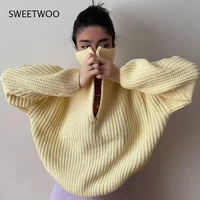 autumn winter thickening knitted sweater women casual zipper polo collar loose knitted pullovers female white jumper 2021
