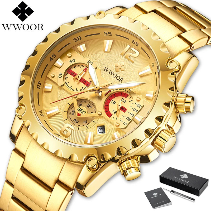 

WWOOR Brand Mens Chronograph Watches Men Quartz Analog Date Luminous Waterproof Gold Stainless Steel Wristwatch Male Wrist Watch