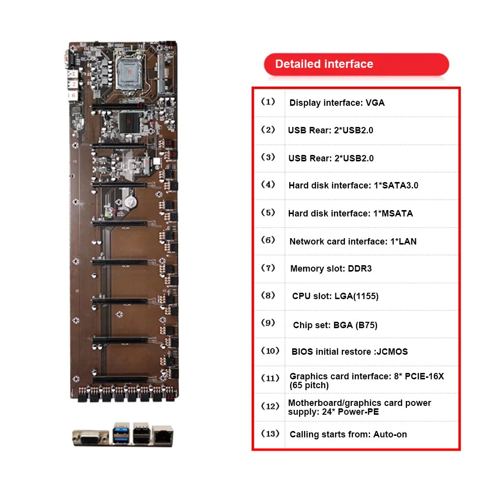Комплект материнской платы B75 для майнинга с 8 графическими картами 4 Гб DDR3 G1620 ЦП