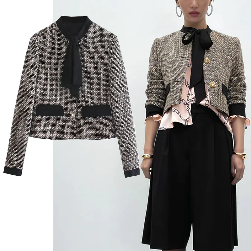 

WSL TRAF ZA Plaid Texture Spring Autumn Short Suit Coat 2022 Woman Long Sleeve Casual Office Suit Jacket Chic Buttons Suit Tops