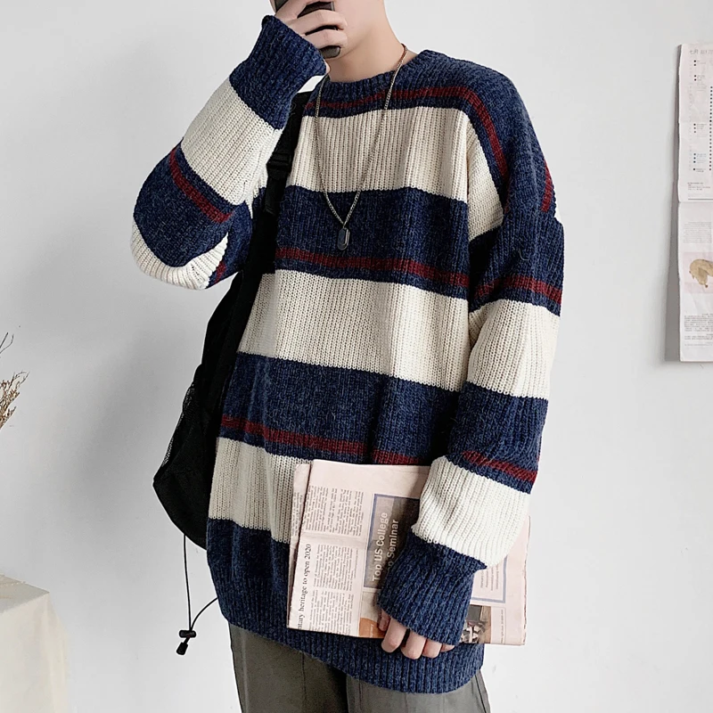 Зимний полосатый свитер мужской теплый модный Контрастный ЦВЕТНОЙ Повседневный