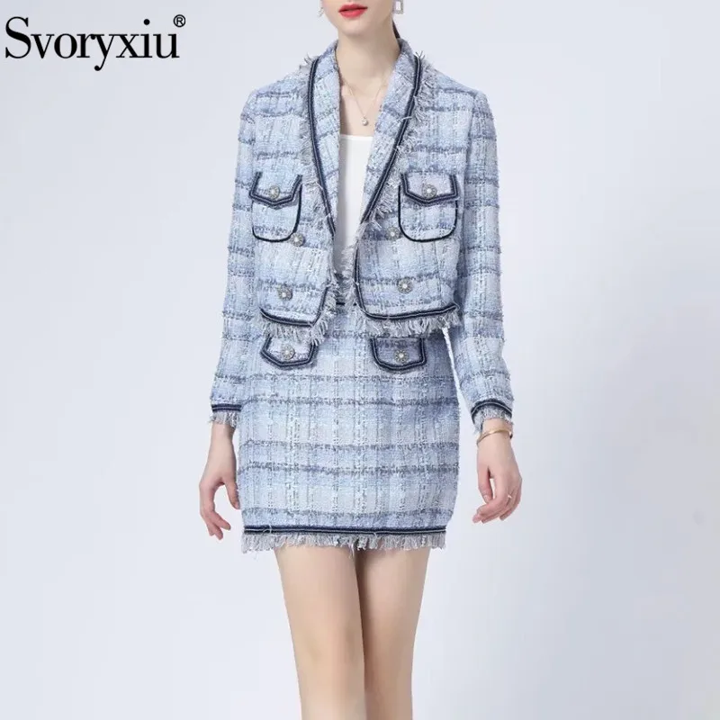 

Svoryxiu Runway Fashion Autumn Sky Blue Elegant Short Skirts Suit Lapel Casual Coat+Pencil Skirts Plaid Multi-Pocket 2-Piece Set