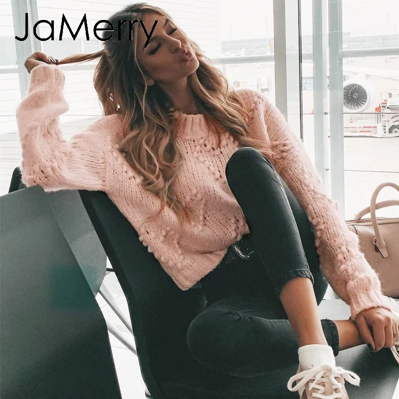 JaMerry Vintage pink hairball autumn winter sweaters ladies Long sleeve casual pullover 2019 Fashion chic loose knitted jumper | Женская