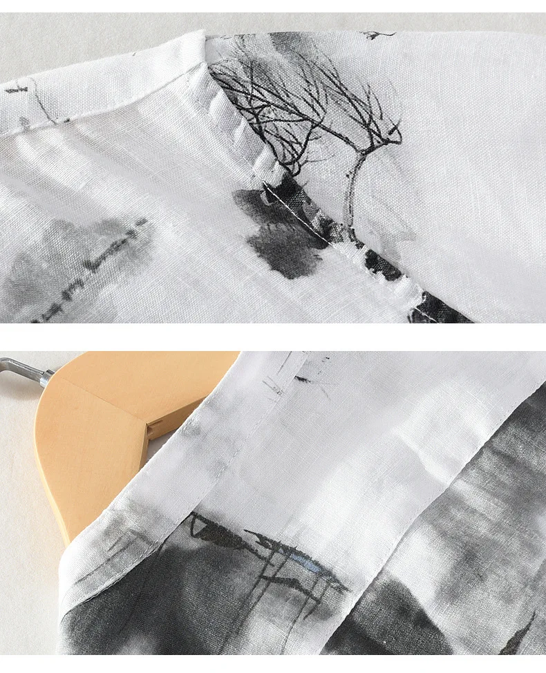 

Linen Shirt 2021 Spring Summer Loose Ink Painting Casual Shirts For Men Round Collar Half Sleeve Shirt Male Shirts Tops Blouses