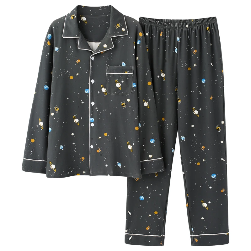 

Men's Pajamas Cotton Autumn Comfortable Casual Home Wear Large Size Loose Warm Long-sleeved Planet Pattern Sleepwear