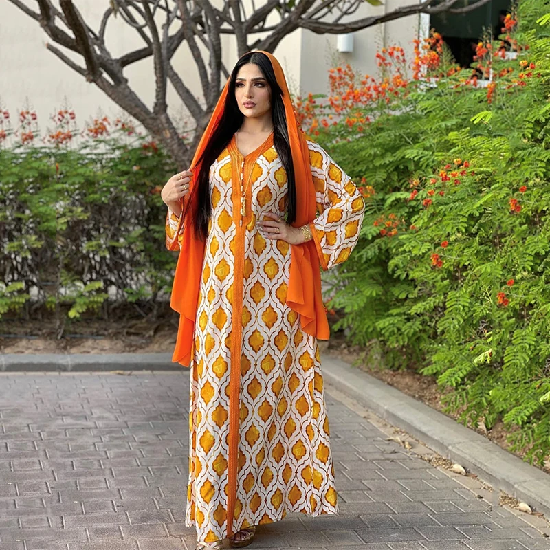 

Muslim Eid Mubarek Women Clothing New Printing Loose S-XXL Women Dresses Fashion V-Neck Dubai Turkish Islamic Africa Clothing