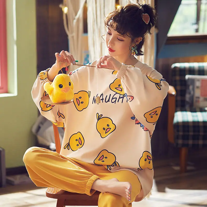 Ladies Pajamas Spring Autumn Round Neck Long-sleeved Sleepwear Suit Casual and Comfortable Home Wear Can Wear Pajamas Set Women