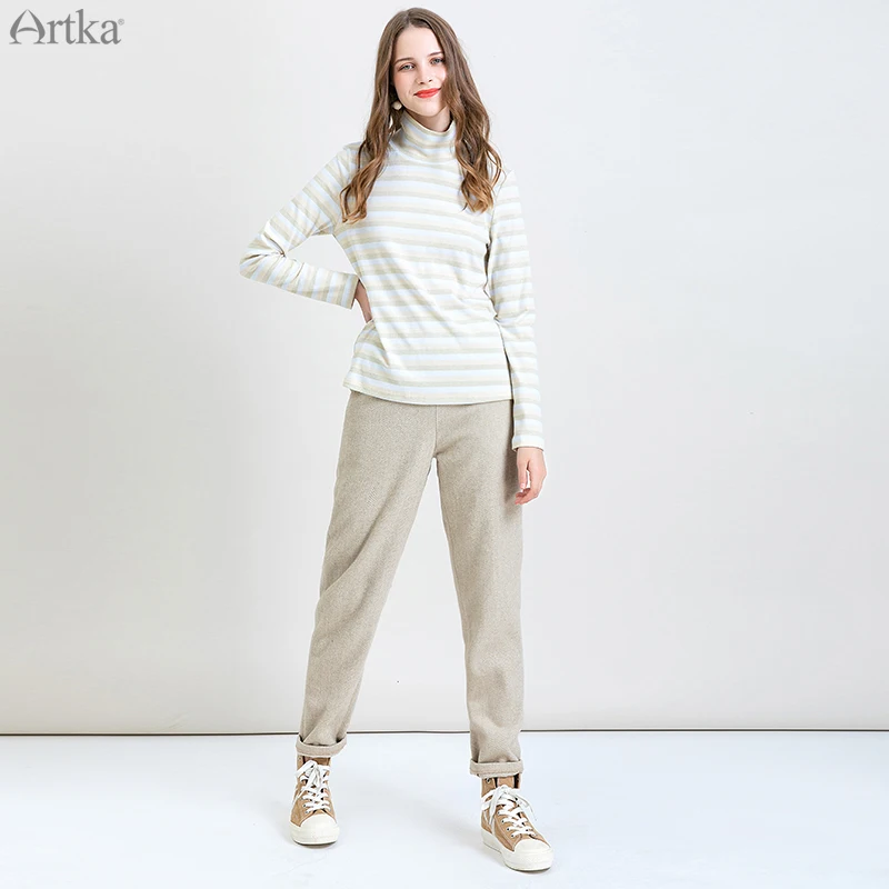 ARTKA 2019 Autumn Winter New Women Pants Elastic Waist Thicken Woolen Trousers Loose Casual Straight Woolen Pants KA10198Q