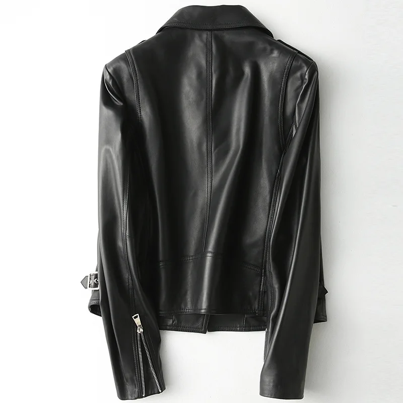 2021 Spring Black Genuine Leather Short Sheepskin Turn Down Collar Long Sleeves Zipper Slim Motorcycle Leather Jacket for Women