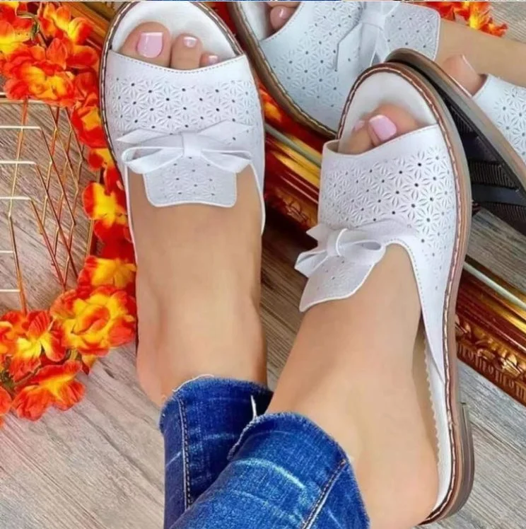 

Breathable Open-Toed Square Heel Slippers Solid Color Flip-Flops Decorated With Bows Women'S Platform Shoes