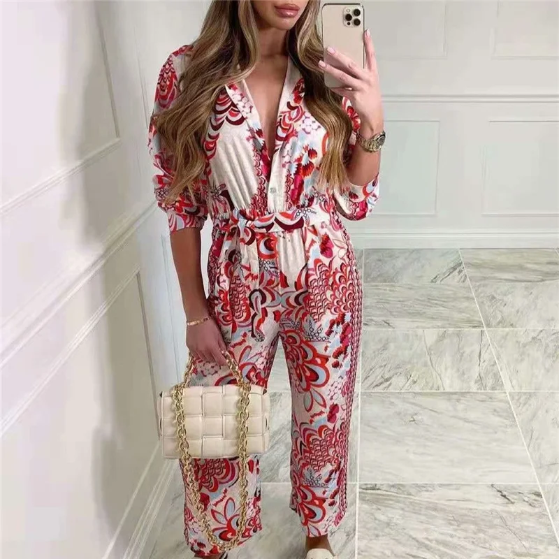 

PUWD Vintage Woman Red Print Sashes Jumpsuits 2021 Spring Casual Female High Waisted Jumpsuit Ladies Floral Beach Rompers