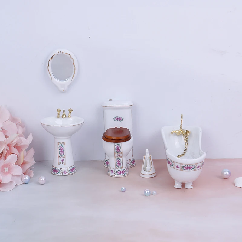 

4Pcs 1:12 High Quality Dollhouse Funiture Miniature Ceramic Bathroom Bathtub Toilet Basin Brush Stand Mirror