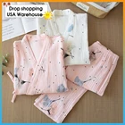 Кимоно из чистого хлопка, пижама с V-образным вырезом, женская одежда для сна, женская одежда для сна из 2 предметов, осенняя мода 2020