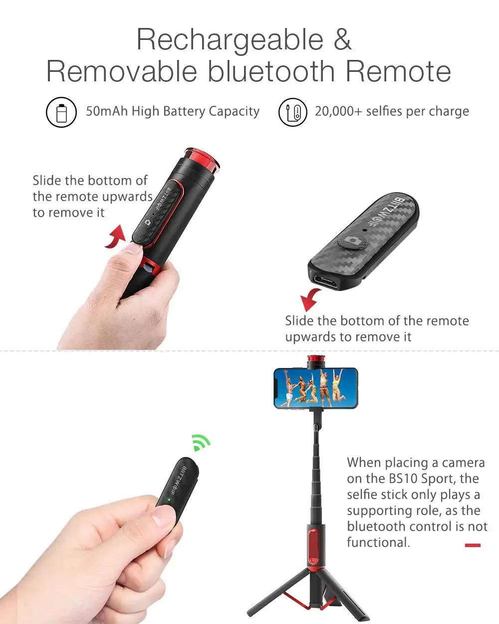 Порт BlitzWolf BW BS10 S монопод для селфи с одним bluetooth штативом и 1/4 винтовым портом Gopro 7 6