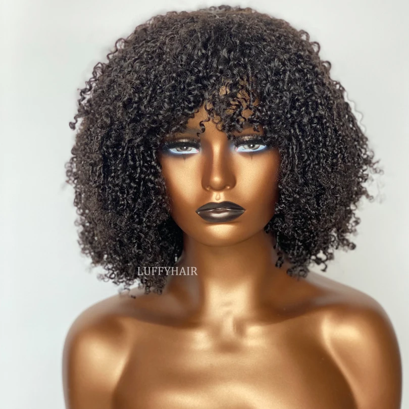 

Sassy Curl Human Hair Wig with Bangs 20inch 250% Density Silk Base Scalp Top Wig For Black Women Brazilian Remy Hair Curly Wig