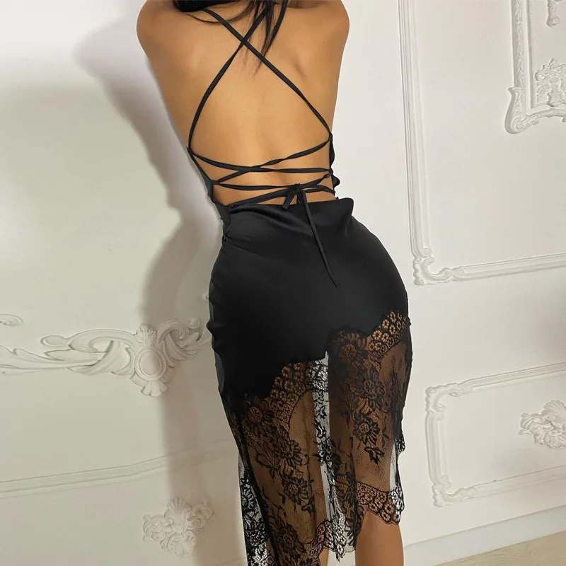 

e Sexy Patchwork Lace Dress 2021 Spring New Lace-up Backless Temperament Dress Foreign Trade Wholesale