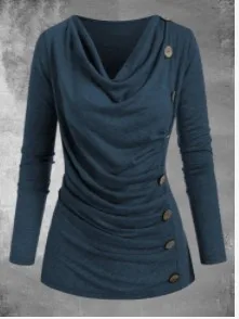 

WEPBEL Autumn Pleated Long Sleeve V-neck T-shirt Top Women's Casual Slim Fit Solid Color Buttons T-shirt
