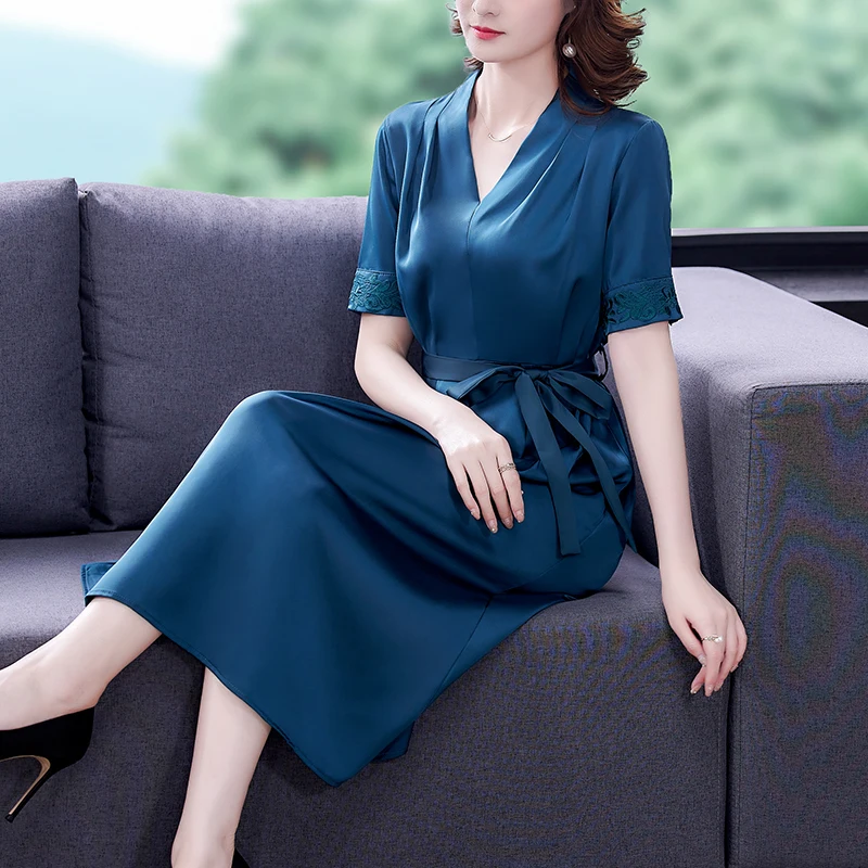 

Summer Vintage Red Natural Silk Satin Embroidery Dress 2022 Casual Solid Midi Dress Elegant Women Party Evening Vestidos