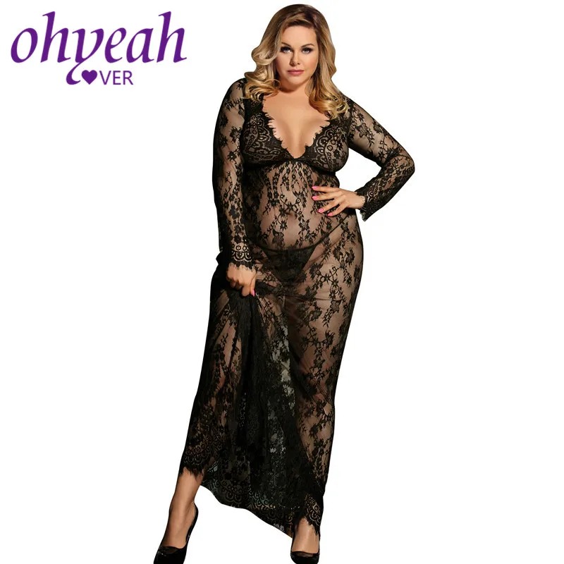 Кружевное Эротическое длинное нижнее белье Ночная рубашка с V-образным вырезом