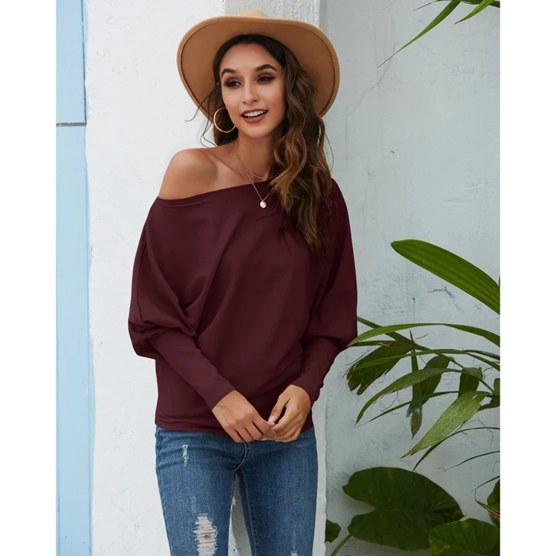 

Women'S Off Shoulder Sweater Batwing Sleeve Ribbed Knit Pullover Tops