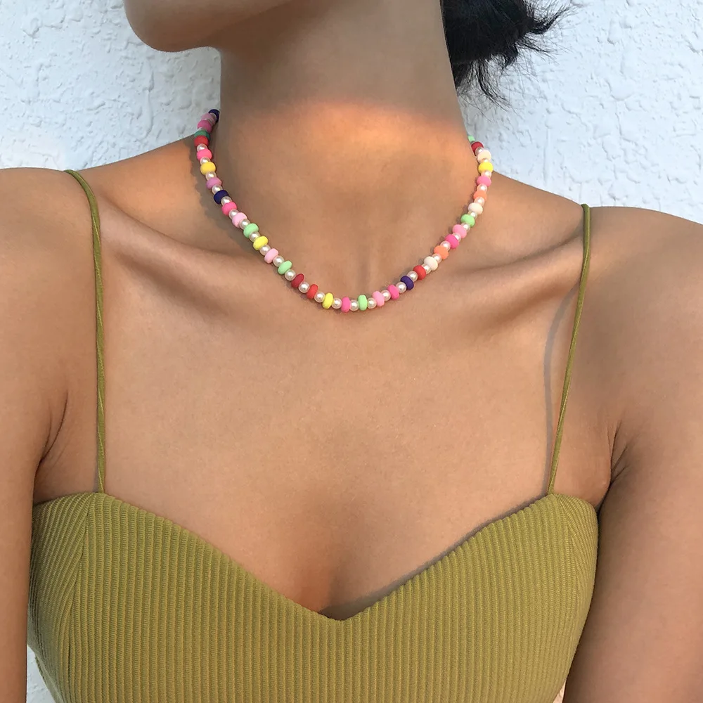 

Модные женские ювелирные изделия, ожерелье из цветных бусин, богемный стиль 2021, Стильный акриловый бисер ручной работы, колье-чокер, ожерель...