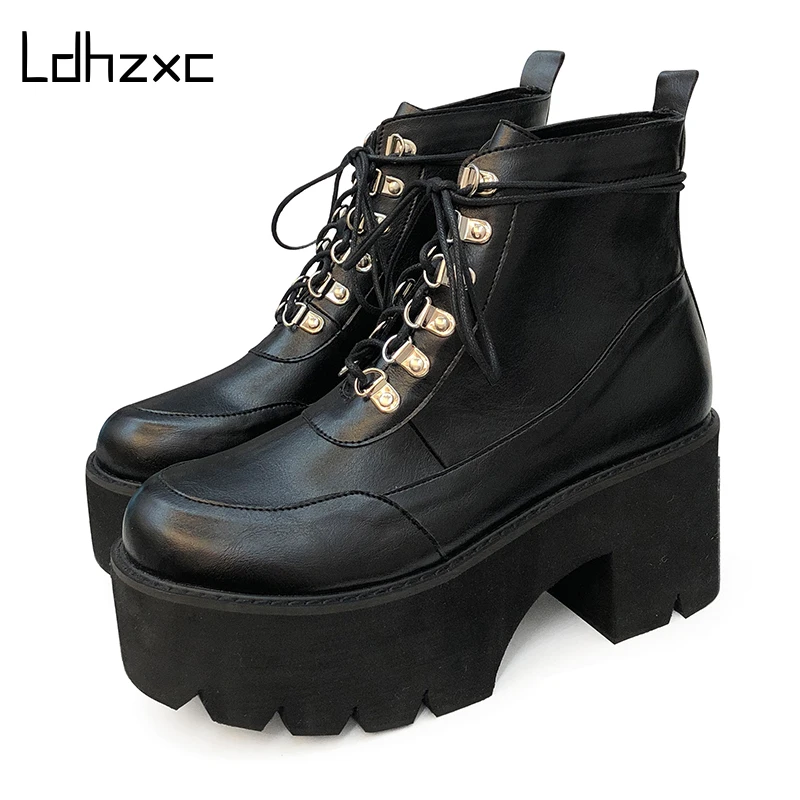 

LDHZXC 2020 Fashion Platform Female Motorcycle Ankle Boots Chunky high Heels Thick Bottom Comfort Women Footwear Outside New