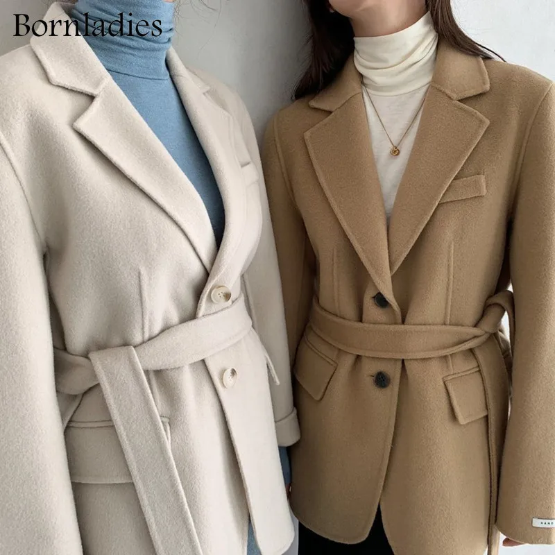 

Bornladies 2022 шерстяное двухстороннее плюшевое пальто ручной работы, клетчатое пальто, однобортное повседневное кашемировое шерстяное пальто д...