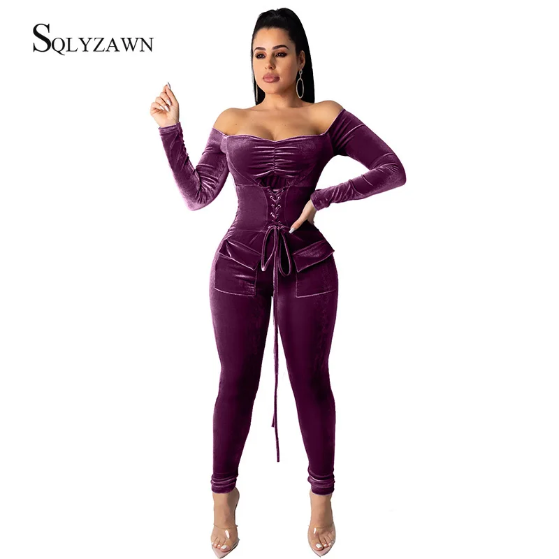 Винтажный бархатный Облегающий комбинезон со шнуровкой и воротником-лодочкой