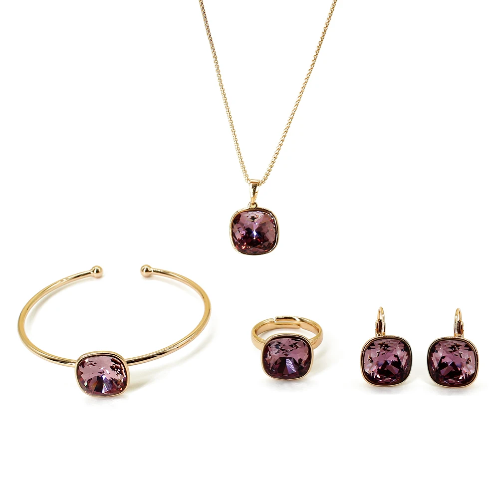 Изысканные роскошные фиолетовые квадратные серьги-гвоздики с искусственным кристаллом ожерелье браслет кольцо наборы Свадебные украшени...