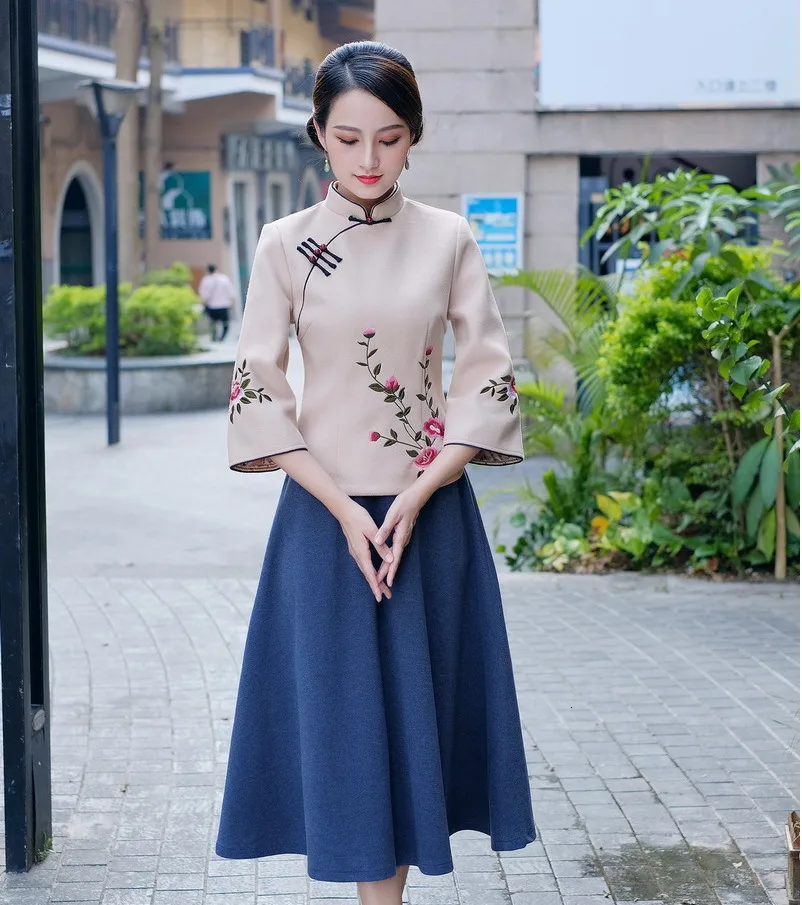 Sheng Coco Woolen Chinese Blouse Coat LadiesTraditional Chinese Shirts Embroidery Blouses Woolen Suit Classic Blue Suit