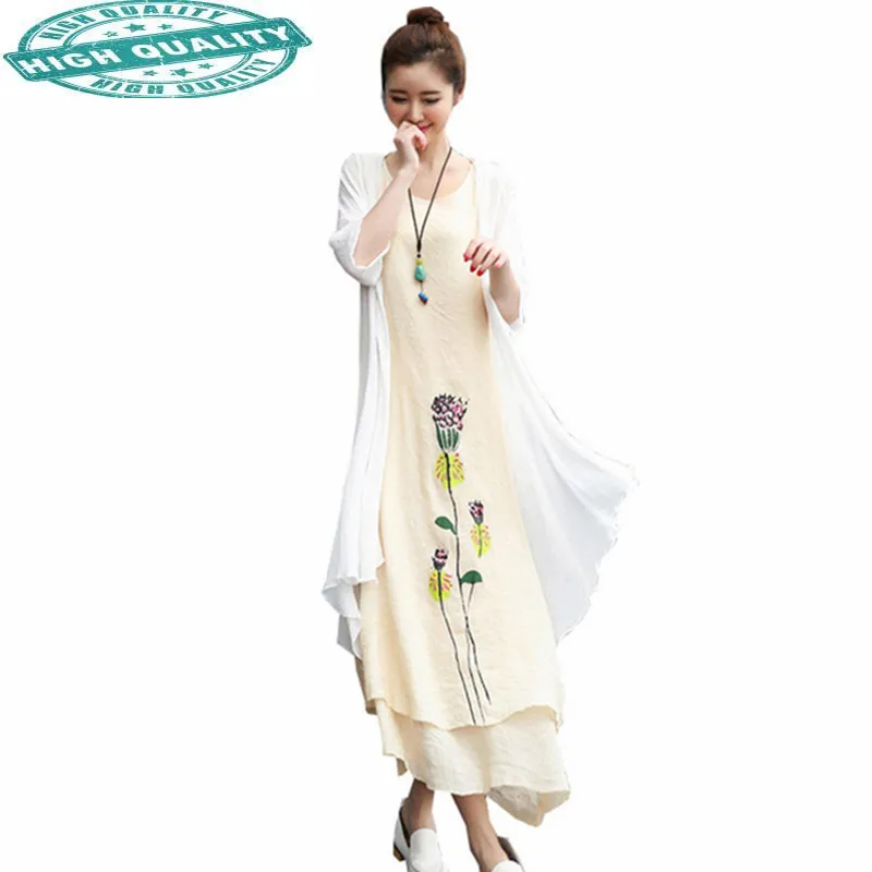

Femme Robe Summer Dress Women Cotton Linen Floral Long Dresses Vintage Cape Casual Slim Two-piece Vestidos WXF732