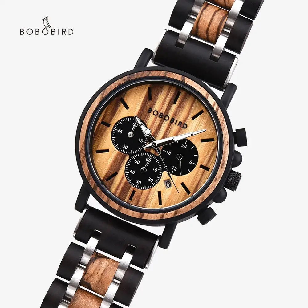 Montre homme BOBO BIRD Секундомер Мужские деревянные часы кварцевые наручные хронограф
