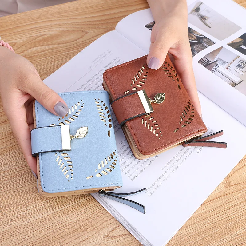 

Fashion Women Hollow Leaf Small Wallet PU Leather Zipper Hasp Short Coin Purses Money Bag Clip Business Credit Card Holders