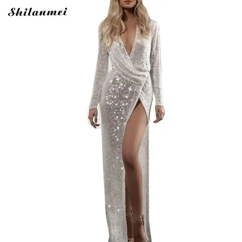Женское вечернее платье с блестками блестящее облегающее серебристое длинным
