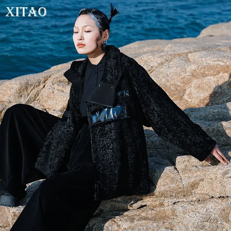 

XITAO, винтажная куртка, свободная, модная, асимметричная, с разрезом, однотонная, женская, зимняя, простая, новинка, теплое пальто GWJ2084