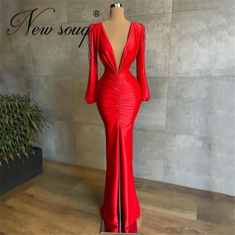 

Newest Design Red V Neck Long Prom Dresses With Pearls Beads Dubai Red Carpet Dresses 2022 Evening Wear Mermaid Party Gowns Robe