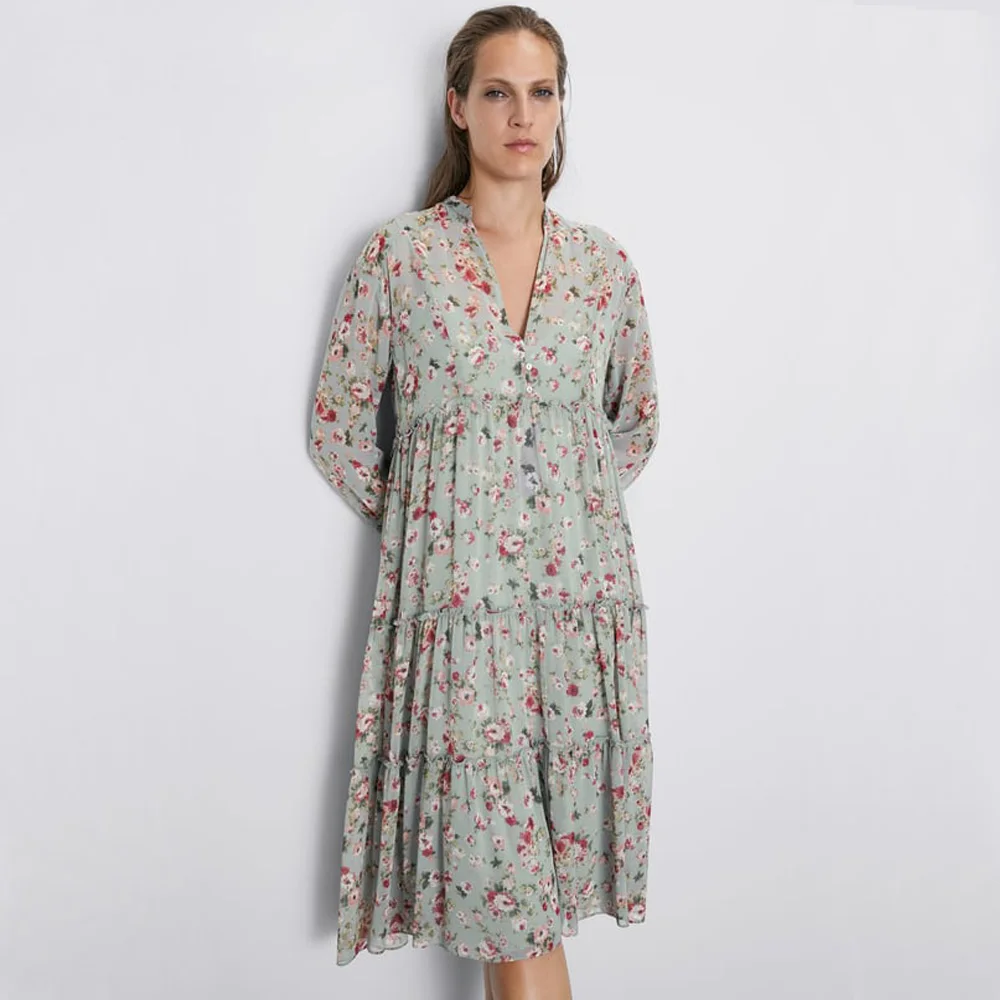 ZA 2019 Новое синее свободное платье с принтом модная женская одежда повседневное