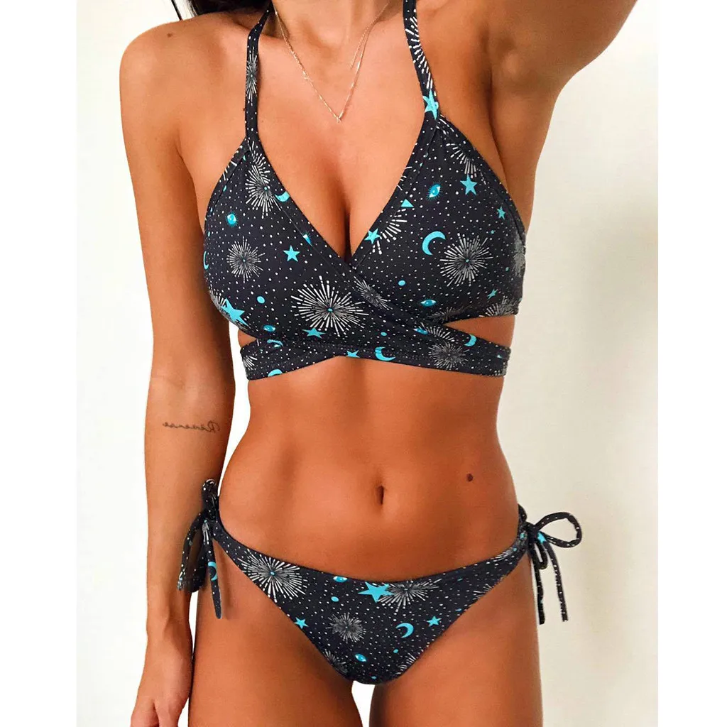 Бикини женское голубое с принтом звезд и Луны пляжный раздельный купальник