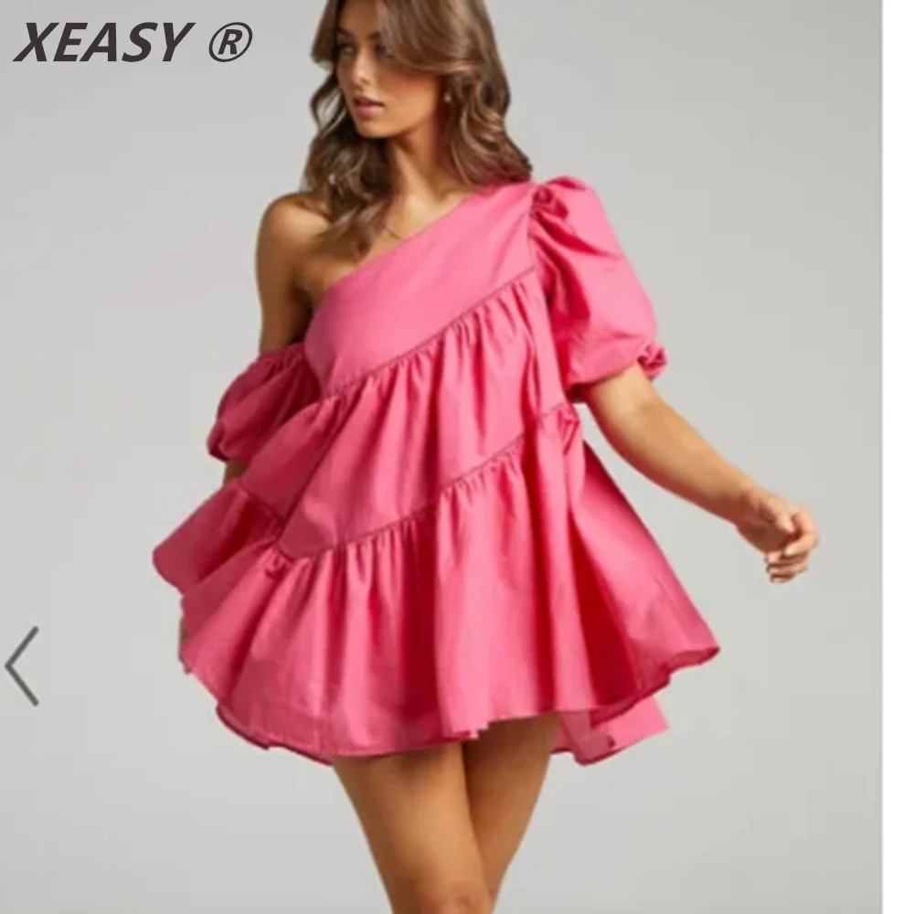 

XEASY модное женское летнее однотонное ажурное мини-платье с диагональным воротником и пышными рукавами, винтажное женское пляжное платье