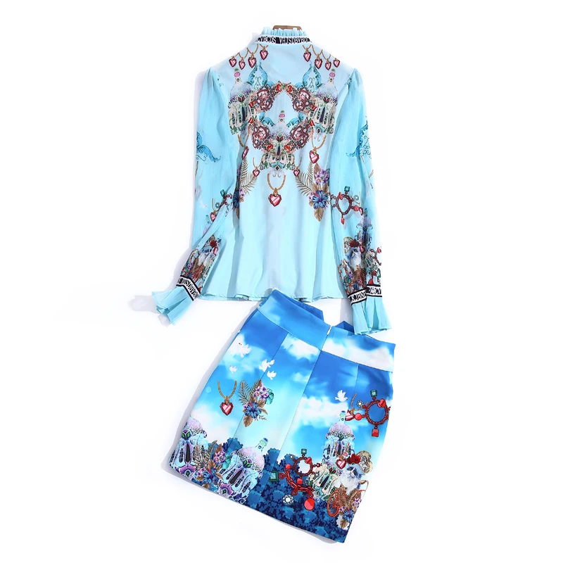 

Designer Spring New Women Sets Ruffled Single-Breasted Shirt + Handmade Beading Skirt Printed Fashion Elegant Two-Piece Suit