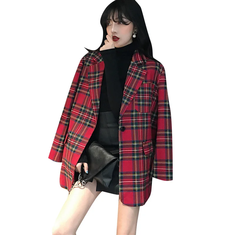 Женский блейзер в клетку с длинным рукавом и поясом красный модный офисный