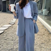 spring fall women blue two piece set blazersstraight high waist mopping trousers office ladies korean chic fashion pant suits
