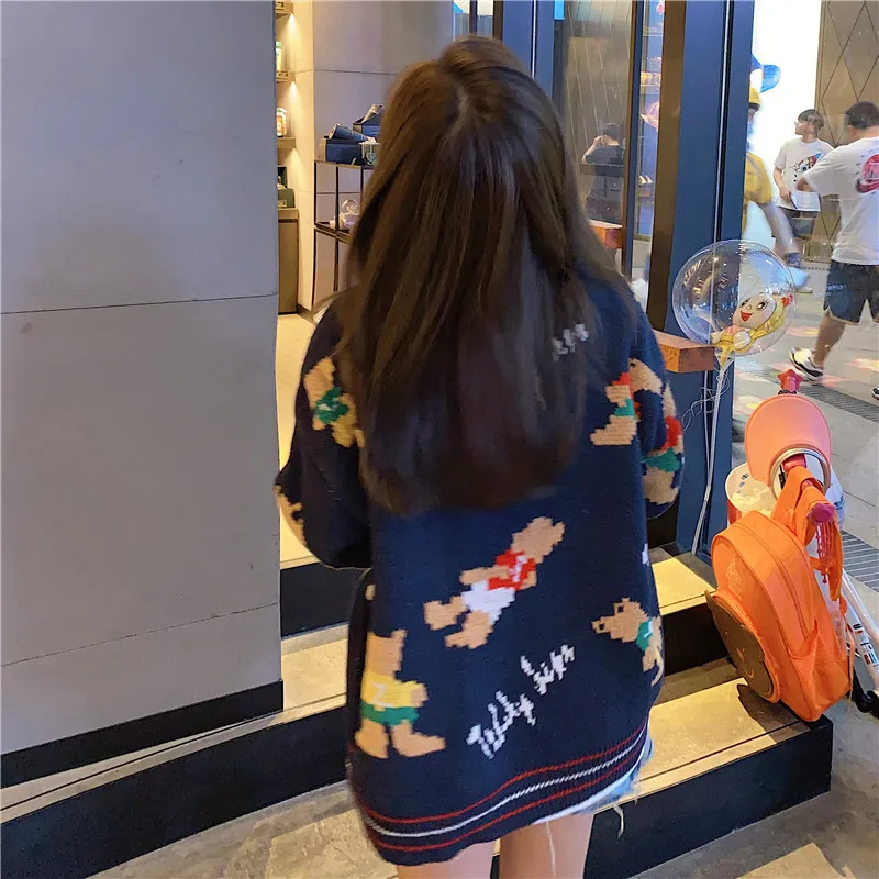 

Ladies Loose Knit Cardigan Sweater Fashion Casual 2021 Cartoon Korean Casual Temperament Commute Style V-neck Embroidered Coat