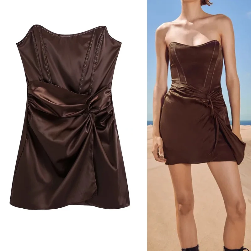 

Платье-корсет женское коричневое с рюшами, открытыми плечами и открытой спиной