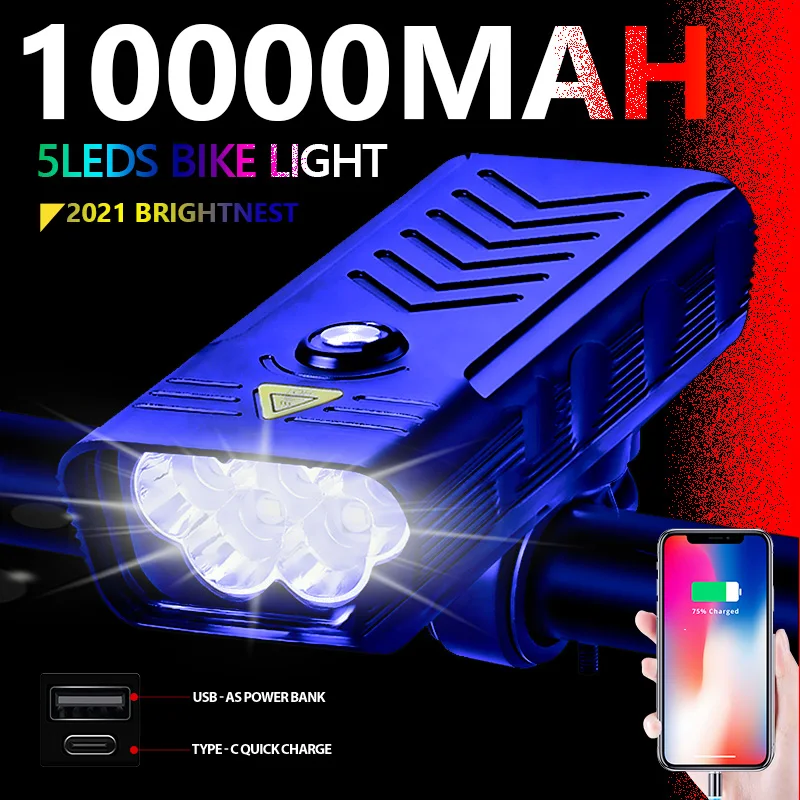 

MTB Bicycle Lights 20000LM 5Leds 10000MAH Usb Rechargeable Bike Light Flashlight Outdoor Cycling Bike Accessaries As Power Bank