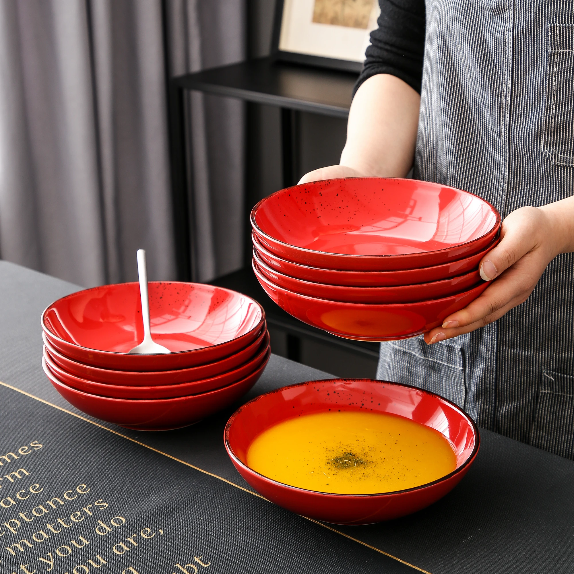 Vancasso Navia Red 4/8/12-Piece Vintage Look Nature Stroneware Ceramic Soup Plate Set Snack Salad Fruit Tableware | Дом и сад