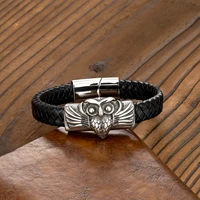 european and american punk style owl cross mens stainless steel magnetic leather rope bracelet gift