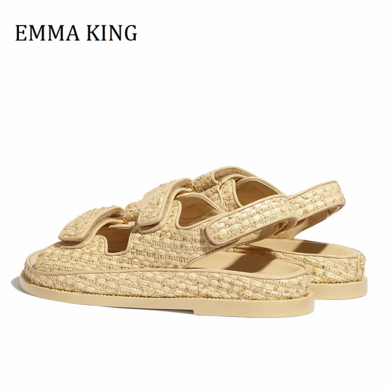 

2021 Summer Women Flat Dad Sandals Braided Fabric Beige Sandals Female Hook and Loop Straps Mule Slide Strap Comfort Beach Flats