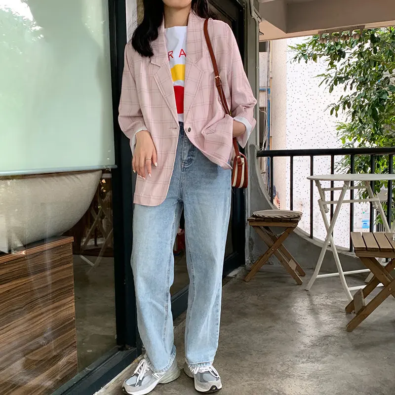 Женский офисный Блейзер Alien Kitty Розовый Повседневный блейзер в клетку на одной