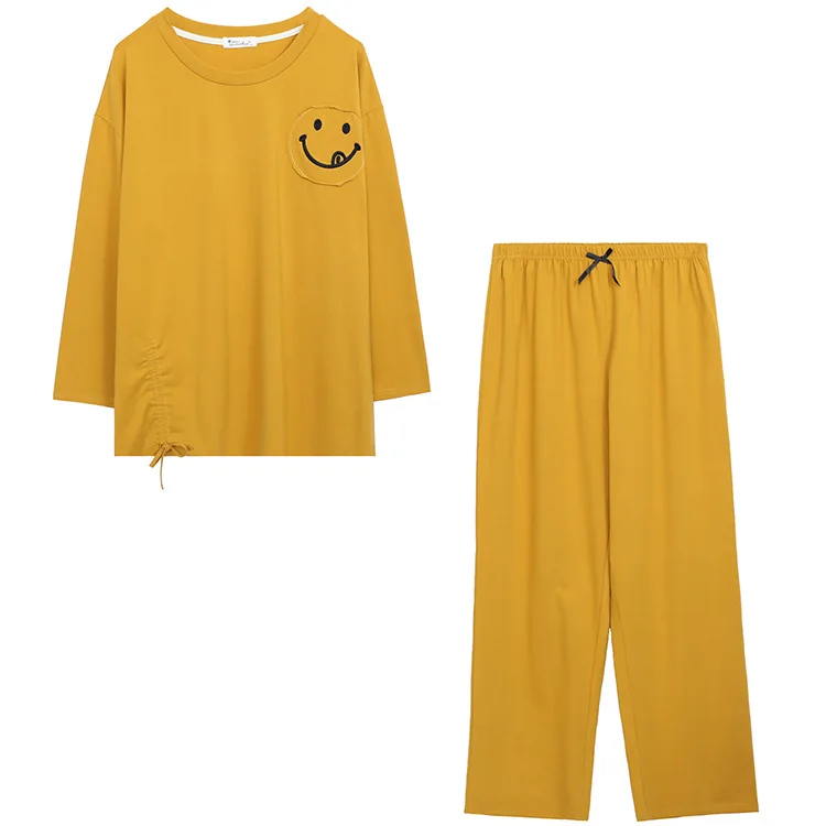 Yellow SM, Хлопковая пижама со смайликом, 2 предмета, 100 фунтов, жир мм, домашняя одежда размера плюс, пижамы для женщин, осень и зима, XL/XXXXL - Color: Yellow